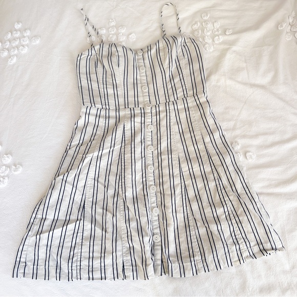 White & Blue Vertical Stripe Button Up Mini Dress - Picture 3 of 5